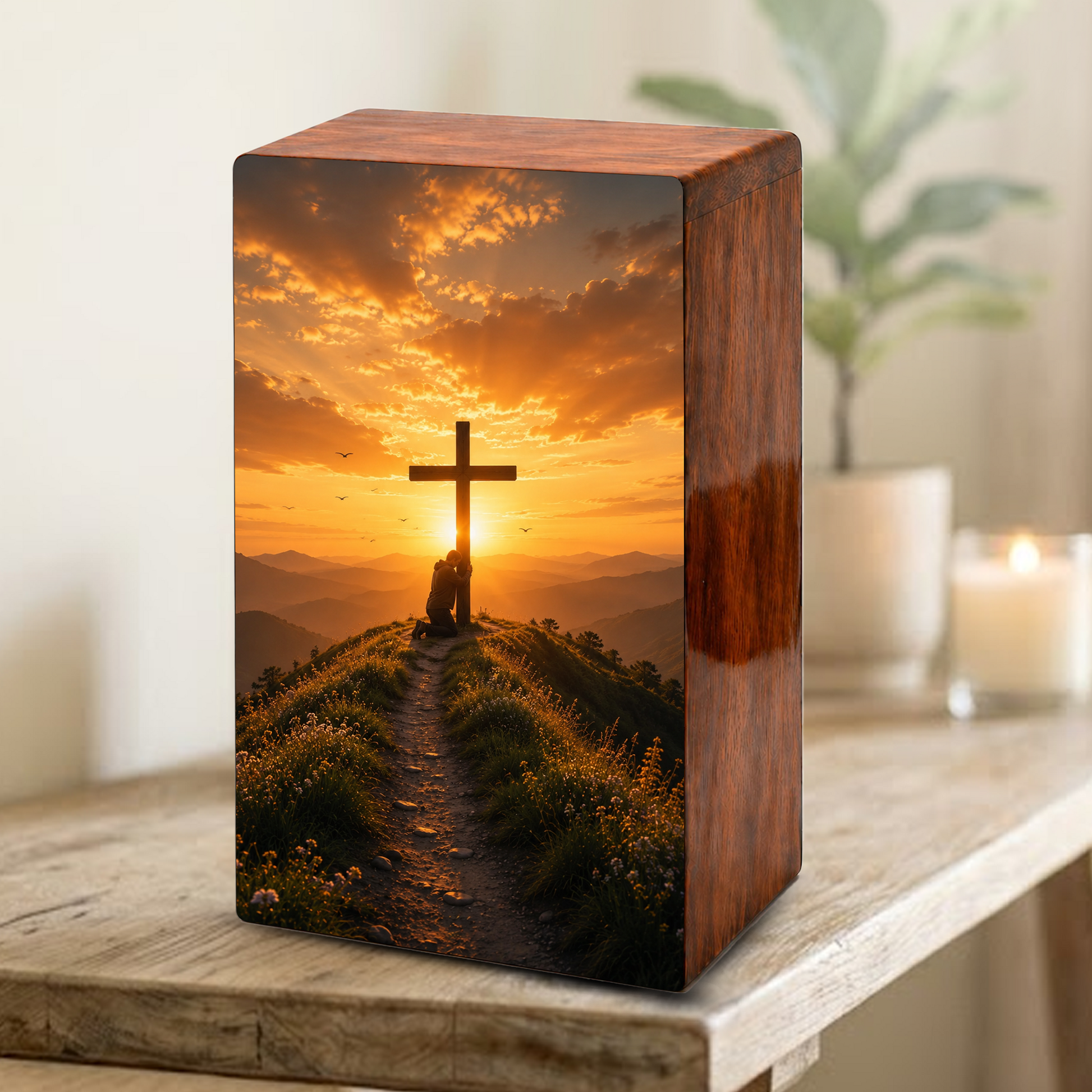 Religious Cross Large Urn Ashes Male - Wooden Celtic Cross Mini keepsake For Dad