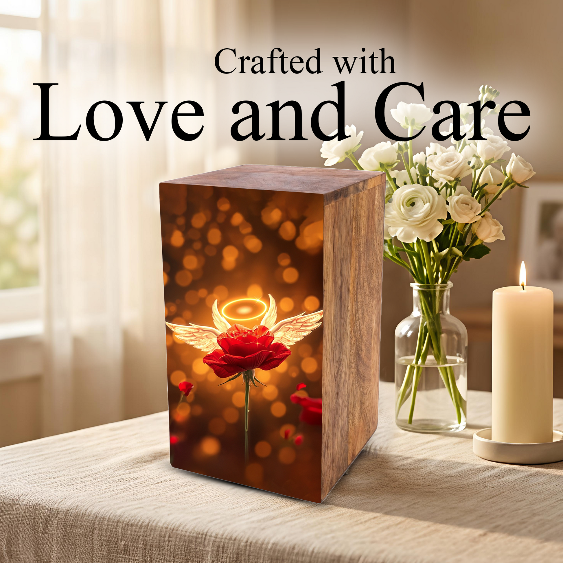 Red Rose Urn For Human Ashes - Angel Rose Decorative Wooden Box