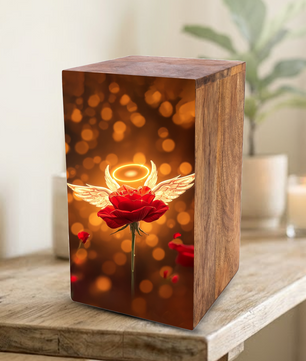 Red Rose Urn For Human Ashes - Angel Rose Decorative Wooden Box
