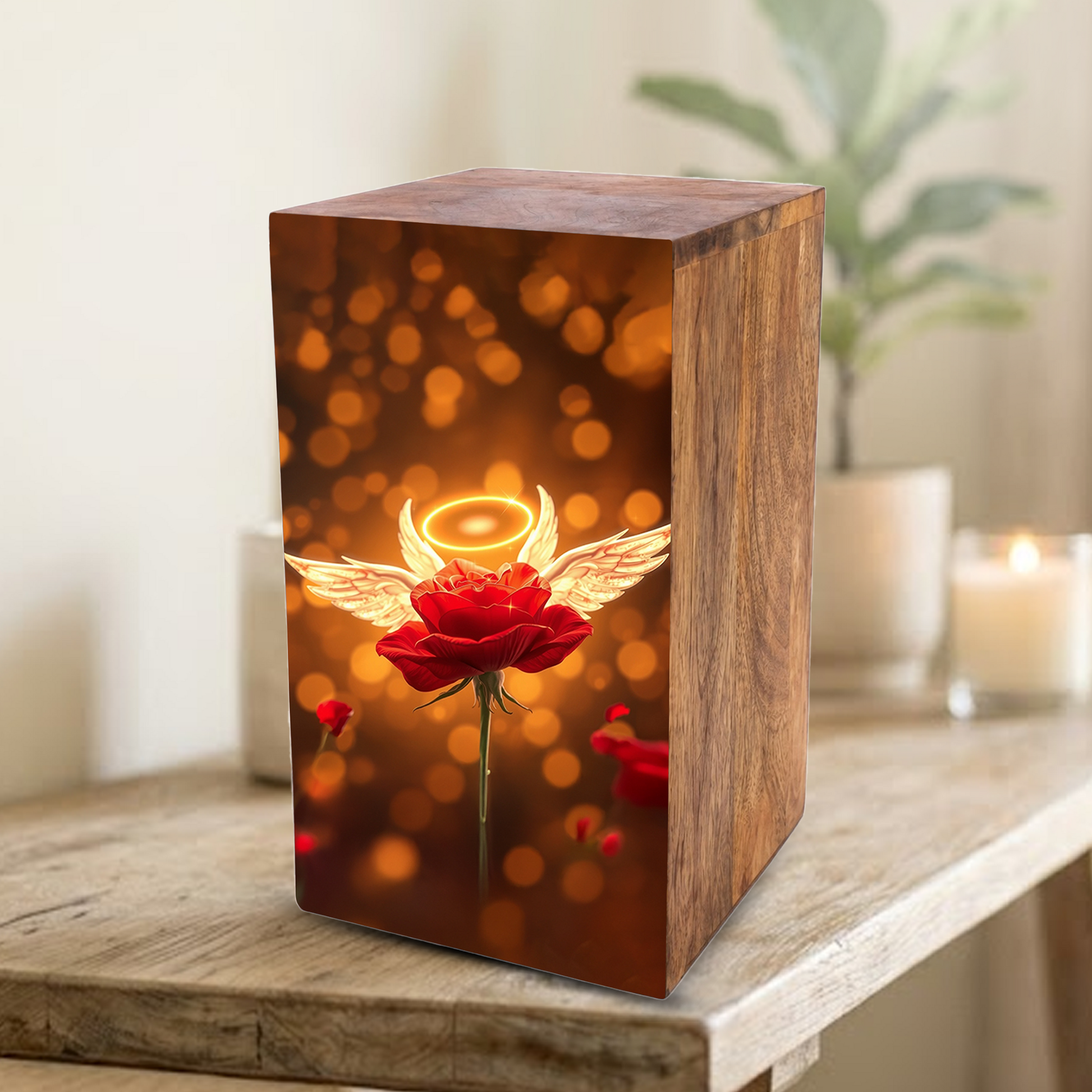 Red Rose Urn For Human Ashes - Angel Rose Decorative Wooden Box