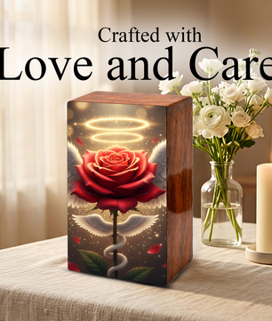 Red Rose Wooden Urn for Ashes - Angel Wings Memorial Keepsake Urn Box