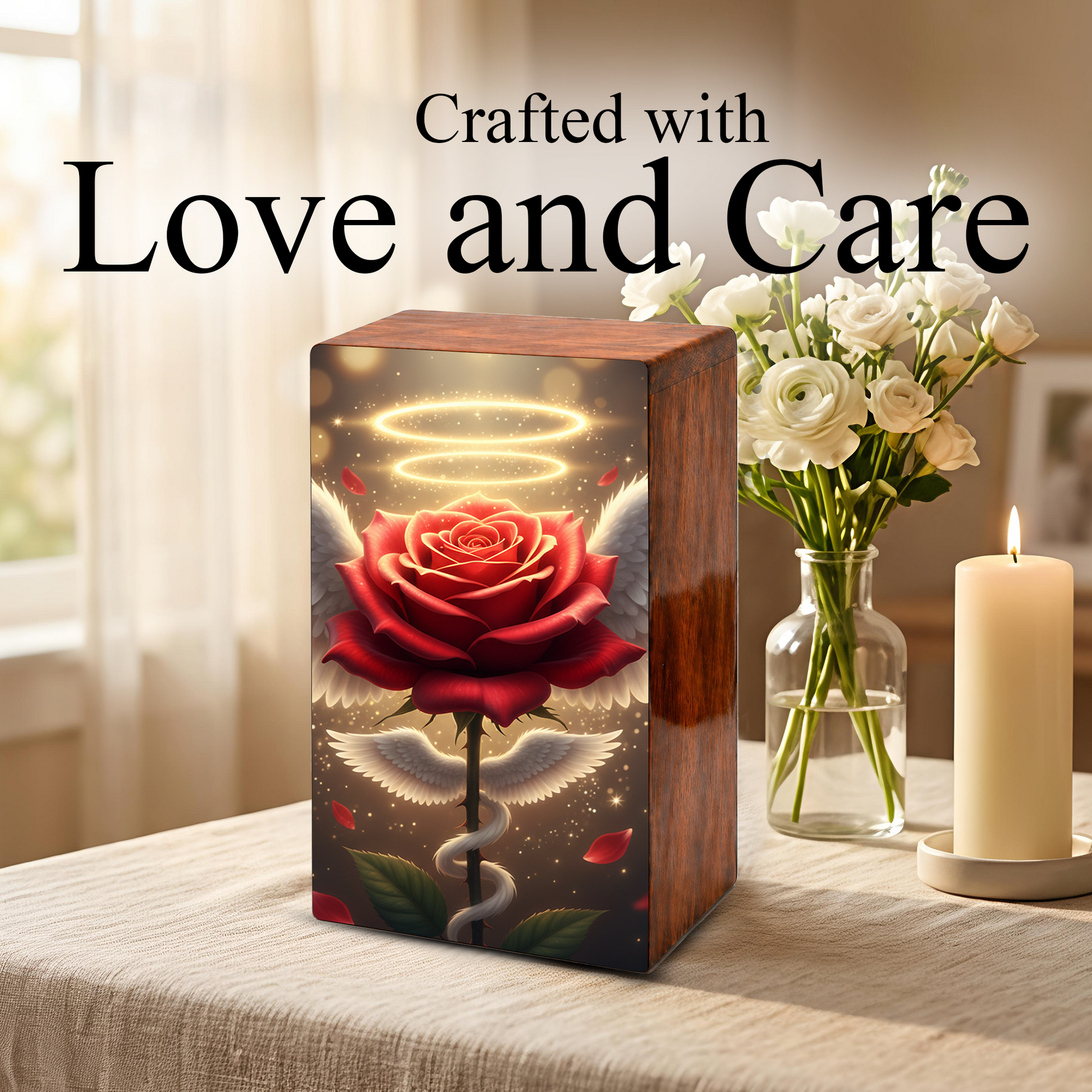 Red Rose Wooden Urn for Ashes - Angel Wings Memorial Keepsake Urn Box