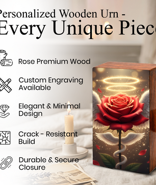 Red Rose Wooden Urn for Ashes - Angel Wings Memorial Keepsake Urn Box