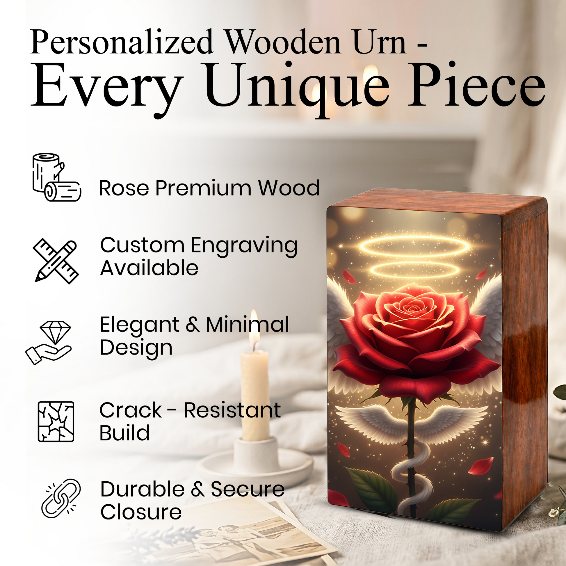 Red Rose Wooden Urn for Ashes - Angel Wings Memorial Keepsake Urn Box