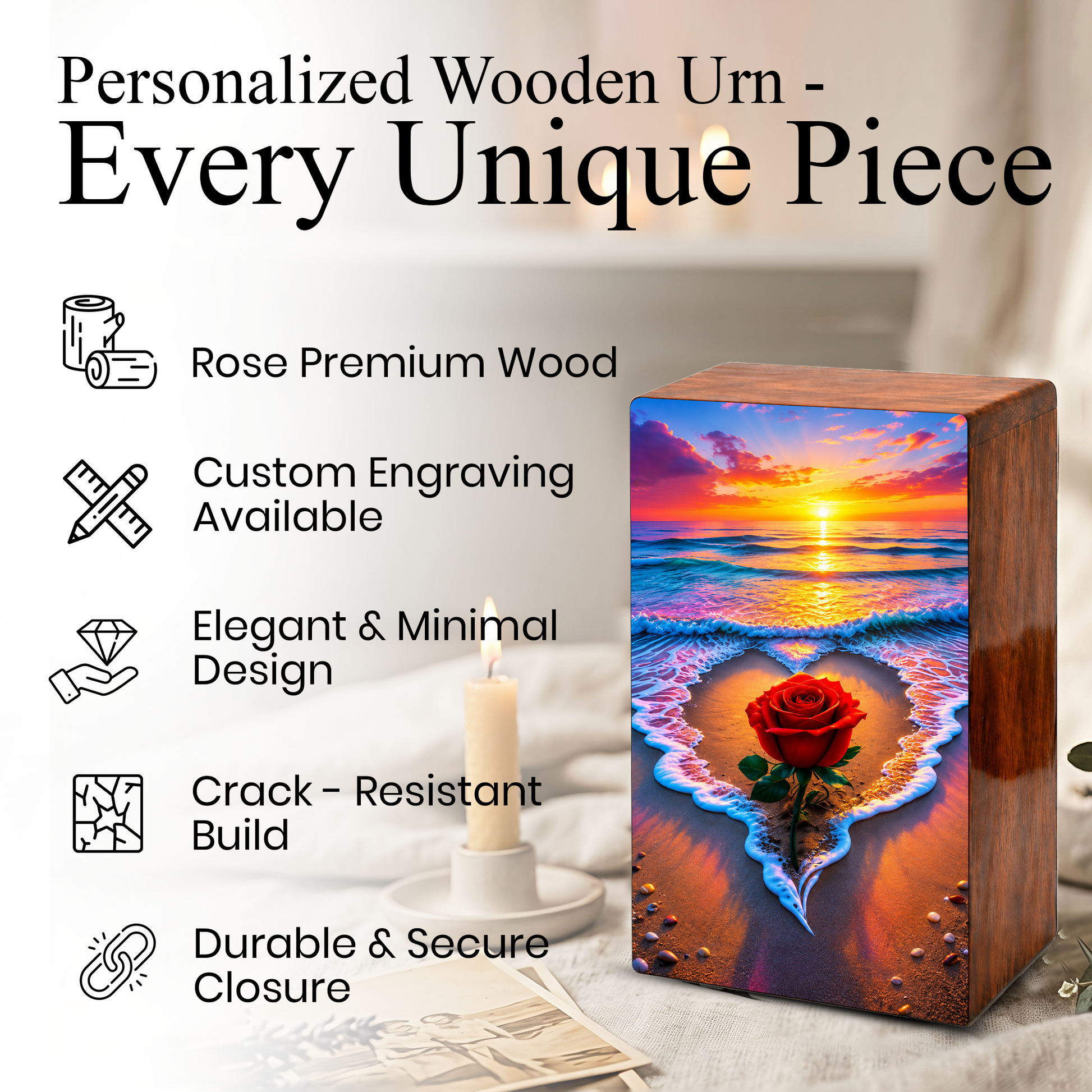 Rose Beach Urn For Human Ashes - Flower Ocean Sunset Urns For Male and Female