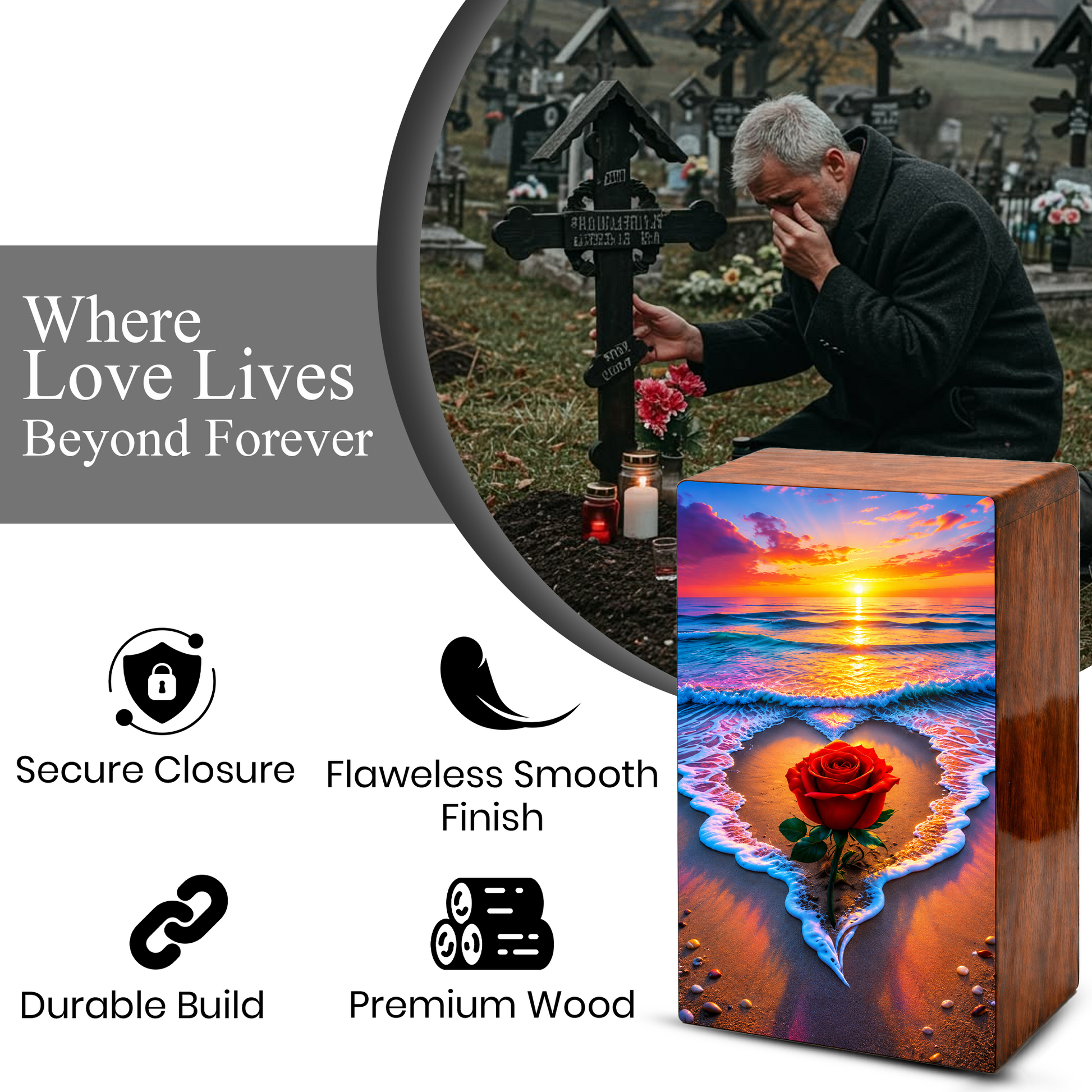 Rose Beach Urn For Human Ashes - Flower Ocean Sunset Urns For Male and Female