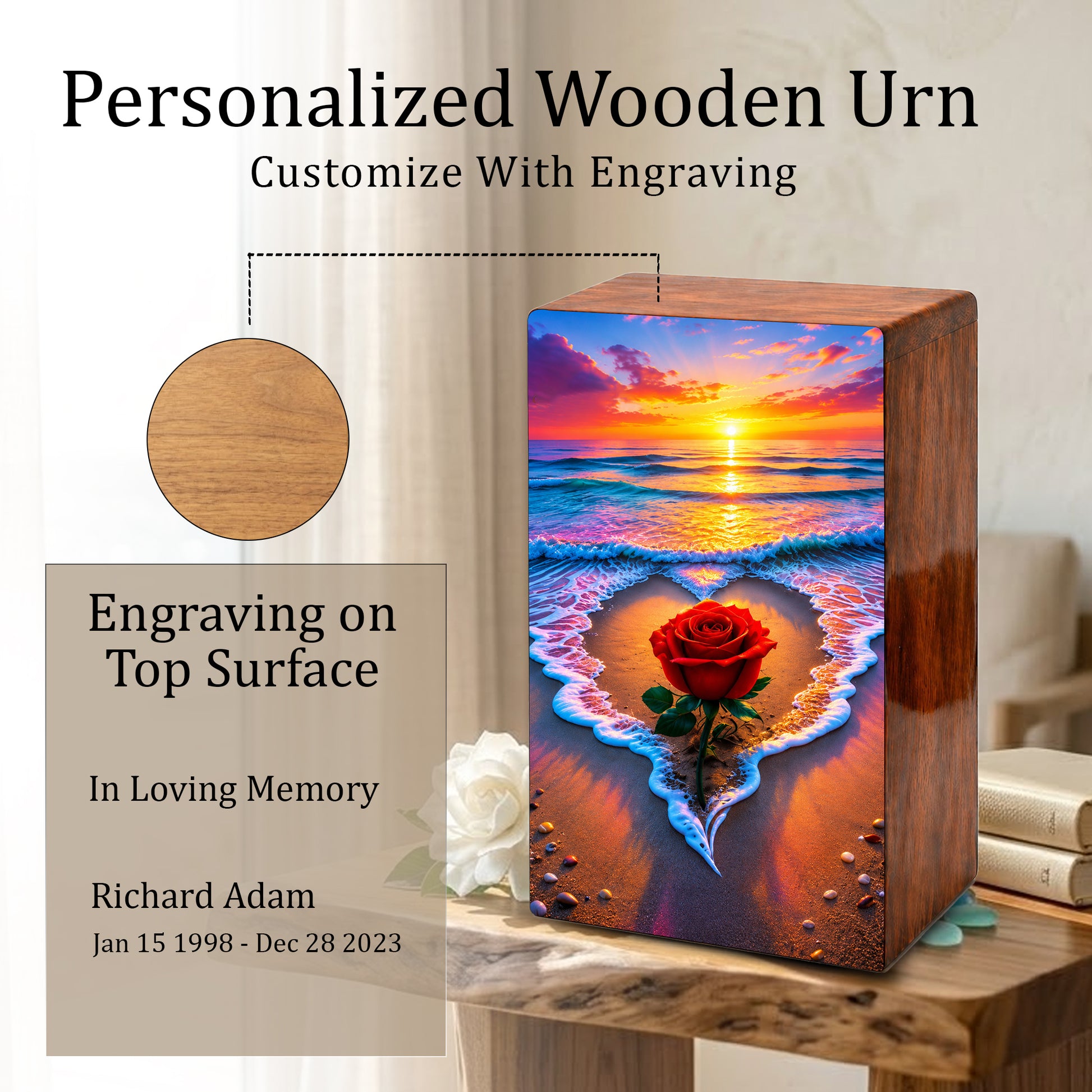 Rose Beach Urn For Human Ashes - Flower Ocean Sunset Urns For Male and Female