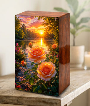 Pink Rose Flower Urn For Adult Ashes - Funeral Flowers Wooden Cremation Urn Box