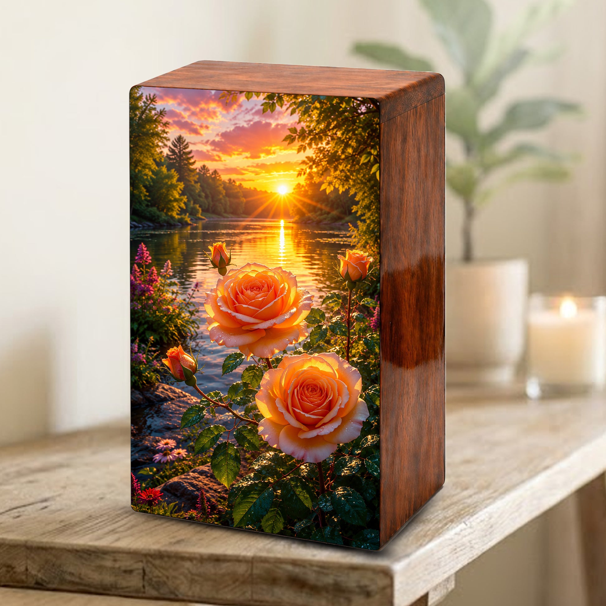 Pink Rose Flower Urn For Adult Ashes - Funeral Flowers Wooden Cremation Urn Box