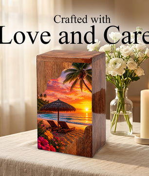 Tropical Beach Wooden Cremation Urn – Sunset Beach Memorial Urn with Palm Tree & Ocean Artwork