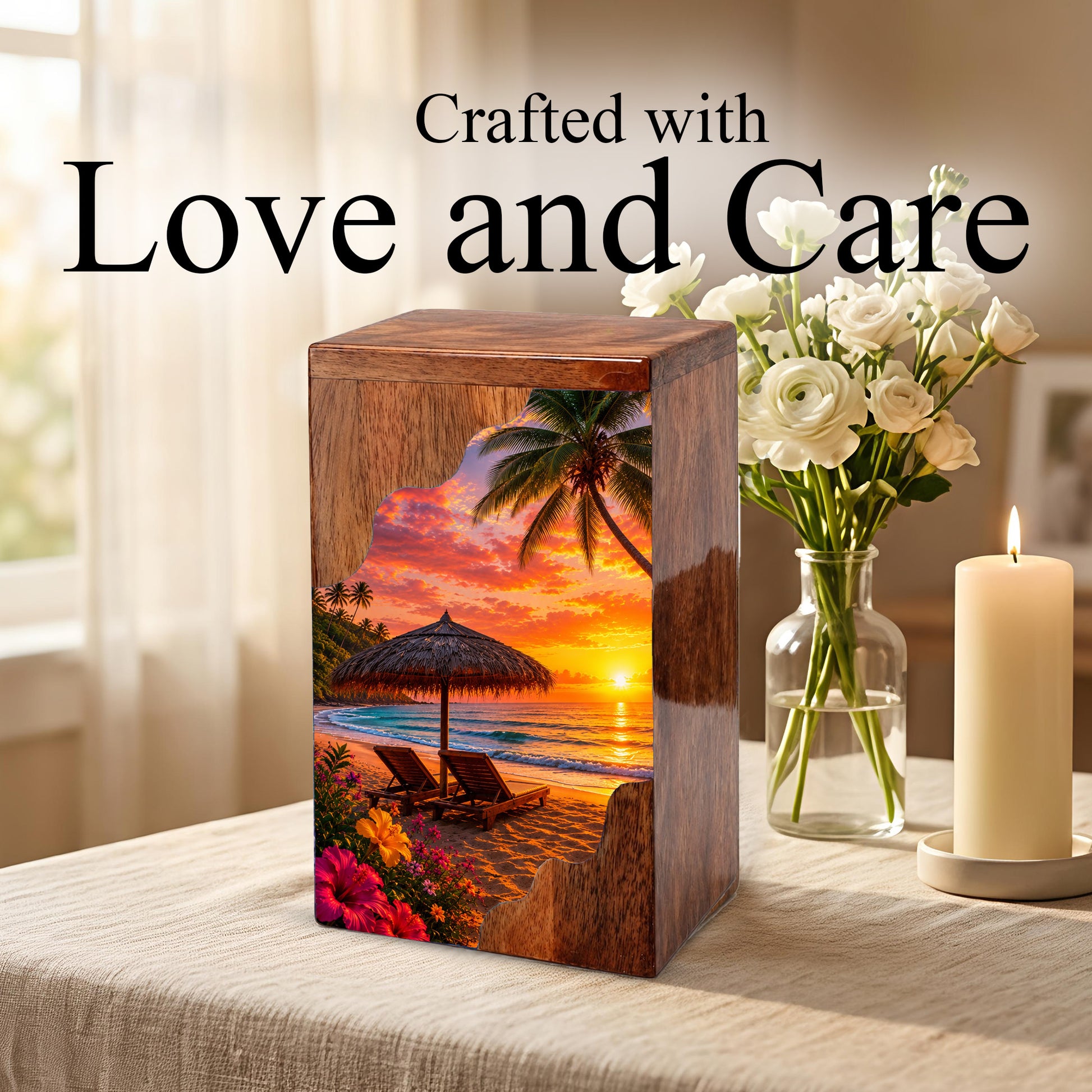 Tropical Beach Wooden Cremation Urn – Sunset Beach Memorial Urn with Palm Tree & Ocean Artwork