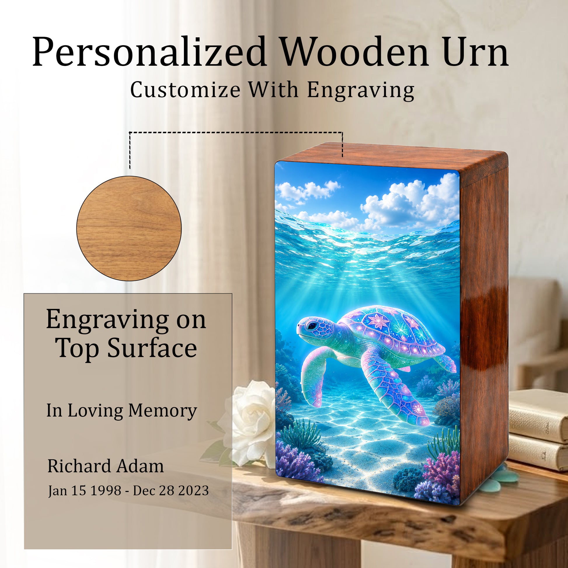 Sea Turtle Cremation Urn – Ocean Personalized Wooden Memorial Keepsake Box