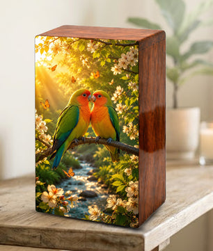 Love Bird Couple Cremation Urn – Companion Memorial Wooden Box for Ashes