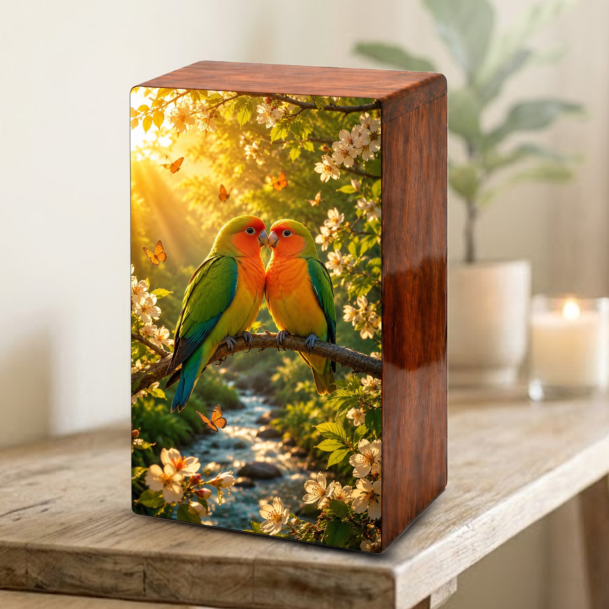 Love Bird Couple Cremation Urn – Companion Memorial Wooden Box for Ashes
