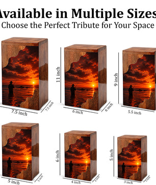 Fishing Wooden Cremation Urn – Sunset Fishing Memorial Urn for Dad | Wooden Urn for Human Ashes