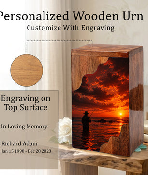 Fishing Wooden Cremation Urn – Sunset Fishing Memorial Urn for Dad | Wooden Urn for Human Ashes