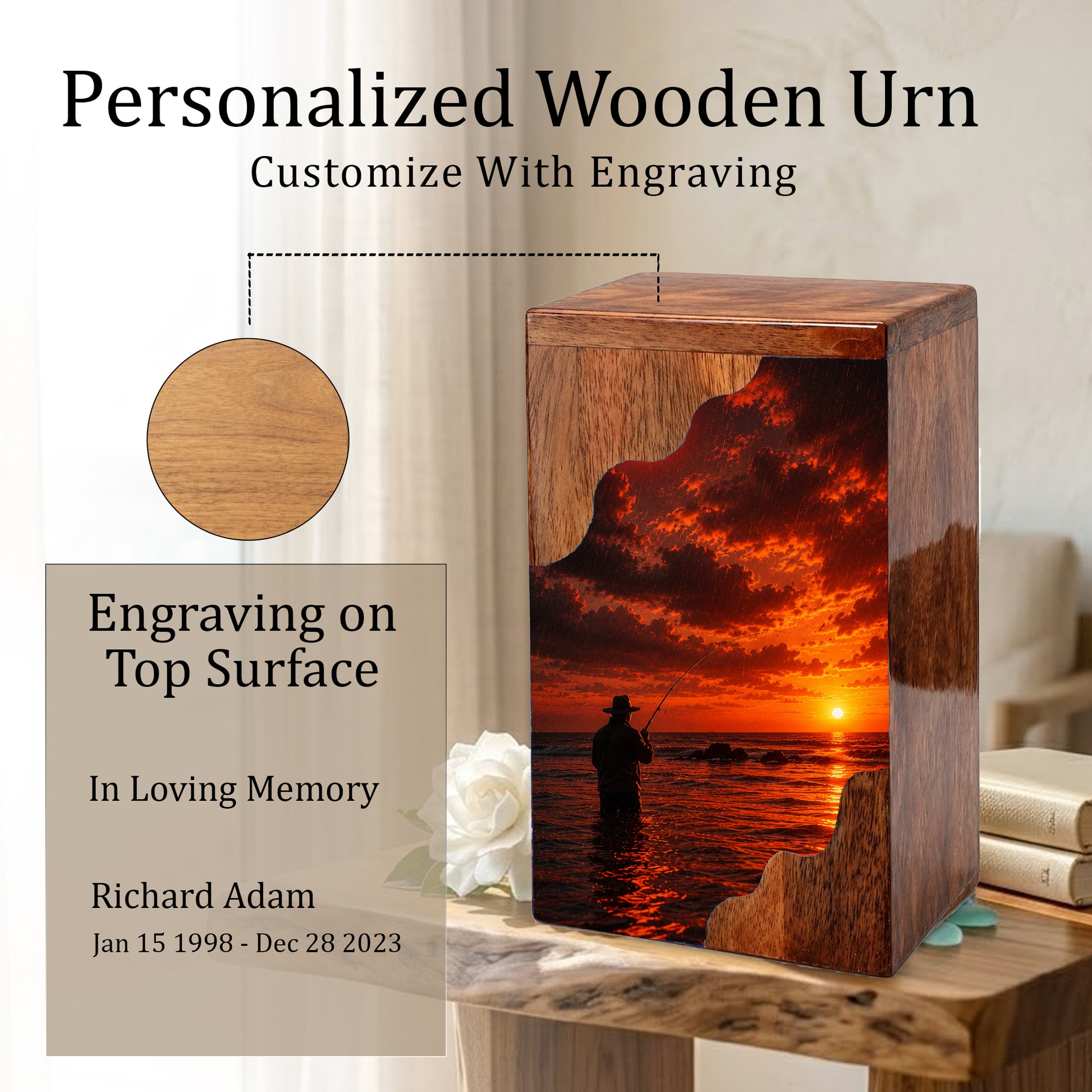 Fishing Wooden Cremation Urn – Sunset Fishing Memorial Urn for Dad | Wooden Urn for Human Ashes