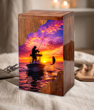 Sunset Fishing Wooden Cremation Urn – Personalized Memorial Urn for Human Ashes