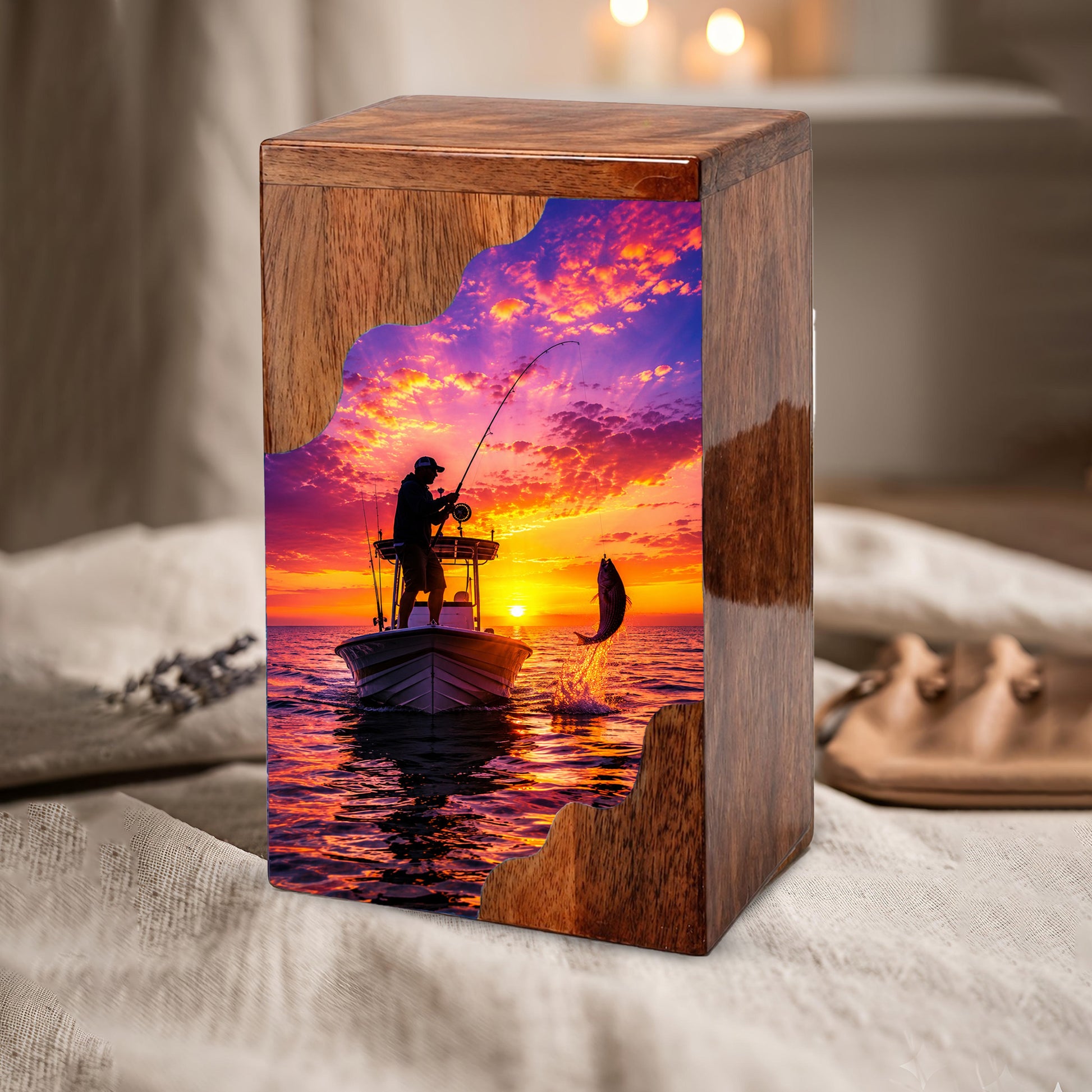 Sunset Fishing Wooden Cremation Urn – Personalized Memorial Urn for Human Ashes