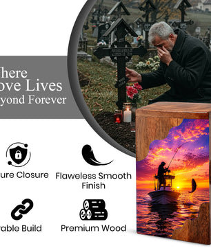 Sunset Fishing Wooden Cremation Urn – Personalized Memorial Urn for Human Ashes