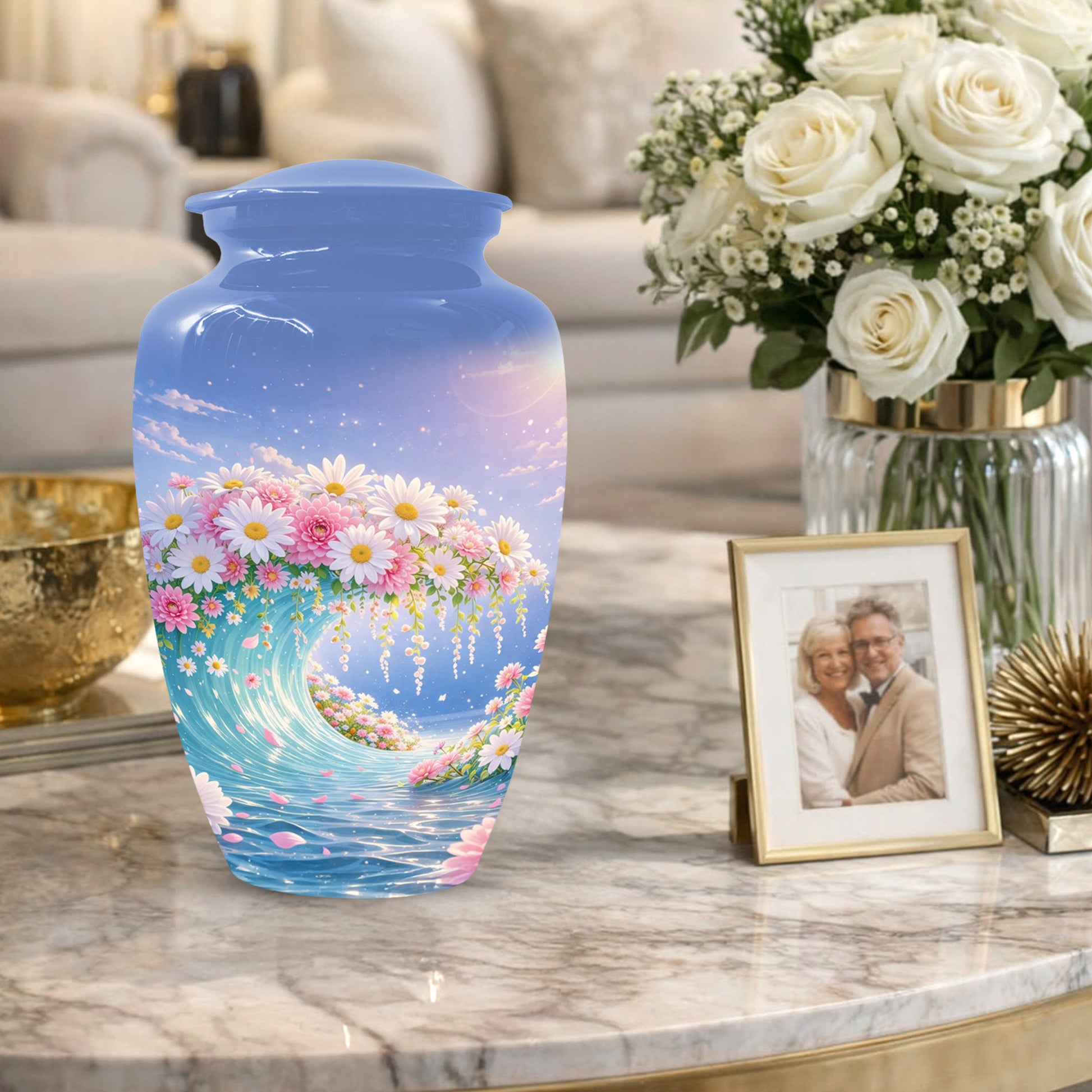 Daisy Flower Cremation Urn for Ashes - Ocean Wave Memorial Keepsake Urns for Women