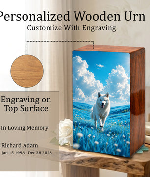 Wolf Urn For Human Ashes Male - Animal Cremation Keepsake Wooden Urns For Dad