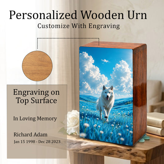 Wolf Urn For Human Ashes Male - Animal Cremation Keepsake Wooden Urns For Dad