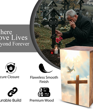 Dove Cross Urn For Ashes - Religious Wooden Cremation Urn Box