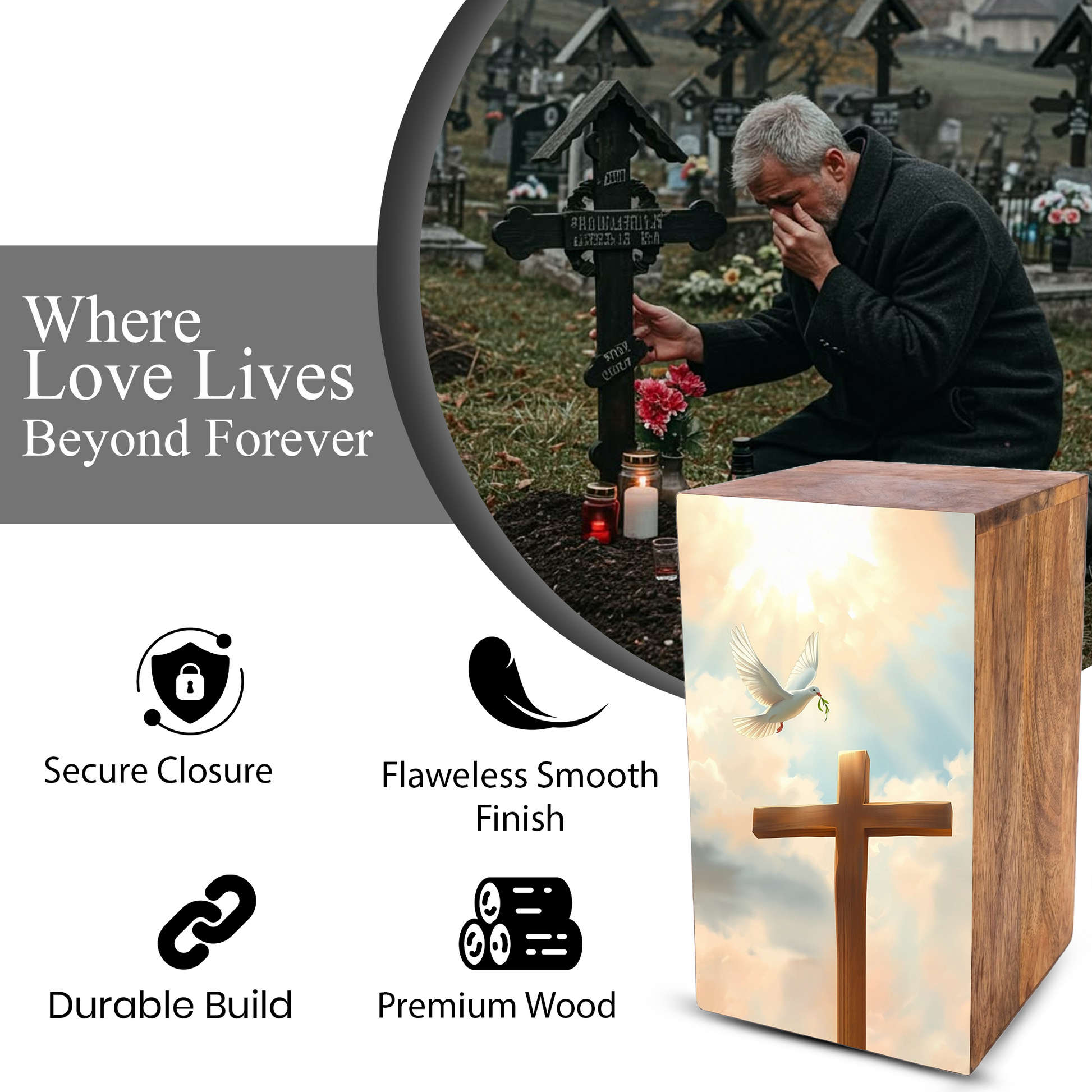 Dove Cross Urn For Ashes - Religious Wooden Cremation Urn Box