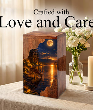 Moonlit Deer Wooden Cremation Urn – Personalized Memorial Urn for Human Ashes