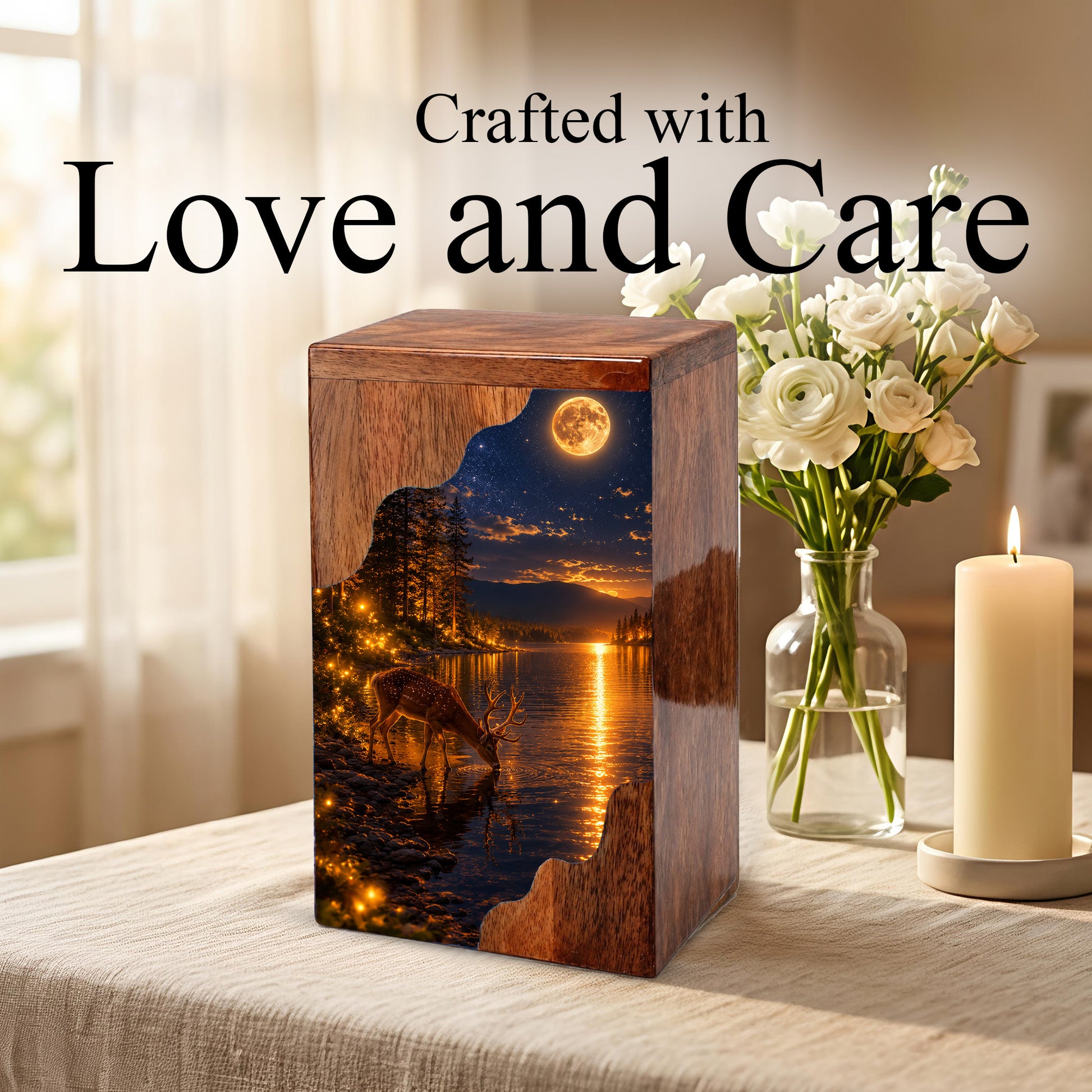 Moonlit Deer Wooden Cremation Urn – Personalized Memorial Urn for Human Ashes