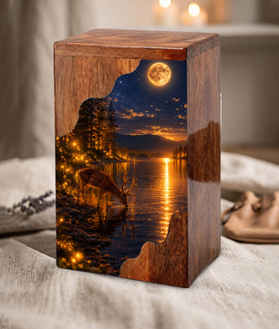 Moonlit Deer Wooden Cremation Urn – Personalized Memorial Urn for Human Ashes