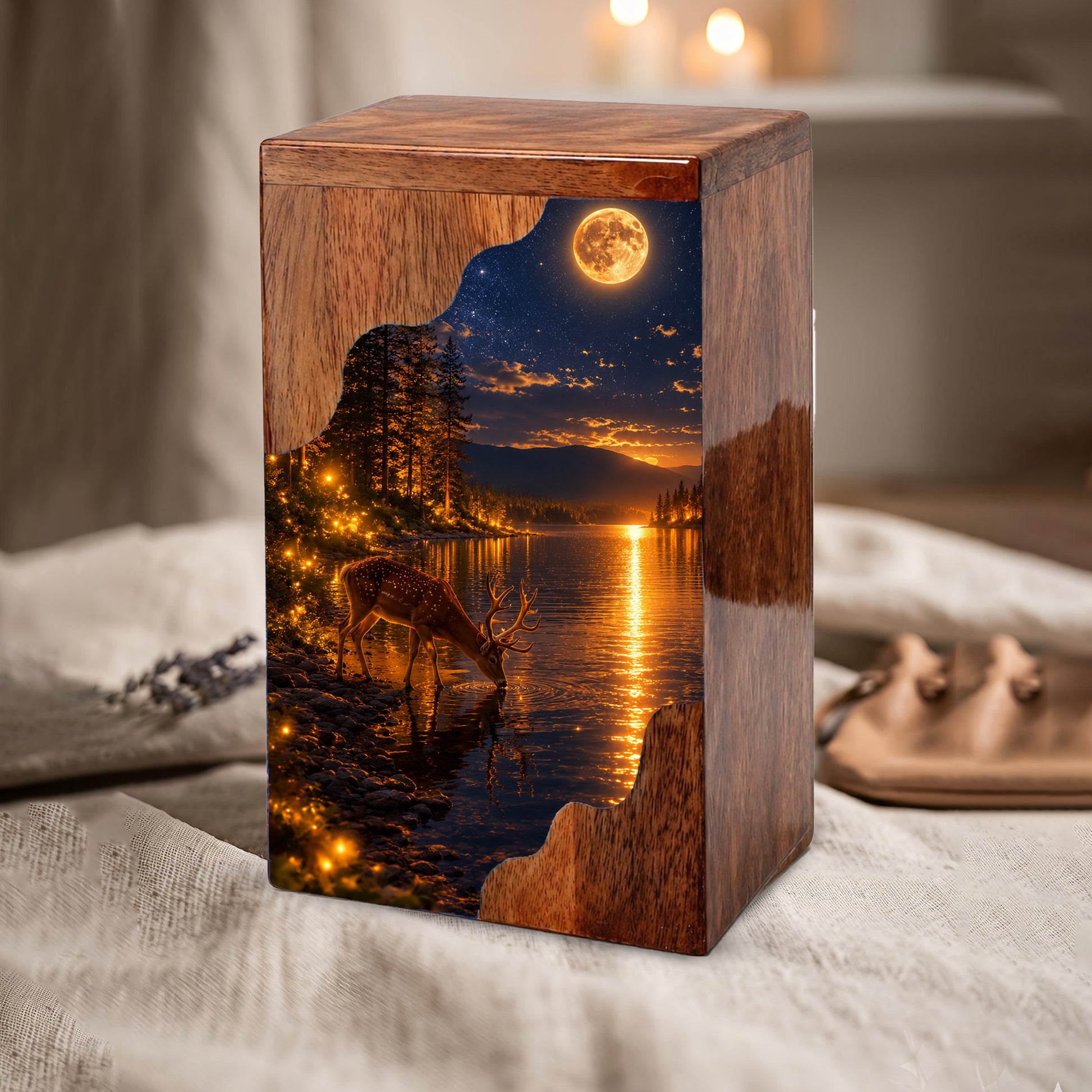 Moonlit Deer Wooden Cremation Urn – Personalized Memorial Urn for Human Ashes