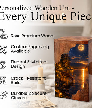 Moonlit Deer Wooden Cremation Urn – Personalized Memorial Urn for Human Ashes