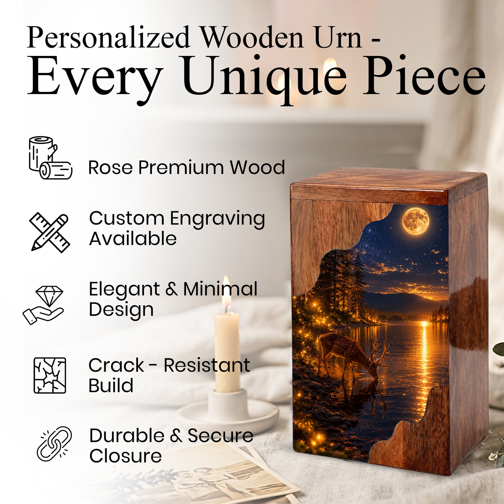 Moonlit Deer Wooden Cremation Urn – Personalized Memorial Urn for Human Ashes