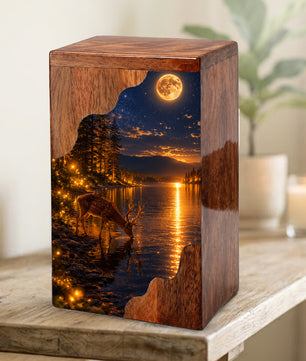 Moonlit Deer Wooden Cremation Urn – Personalized Memorial Urn for Human Ashes