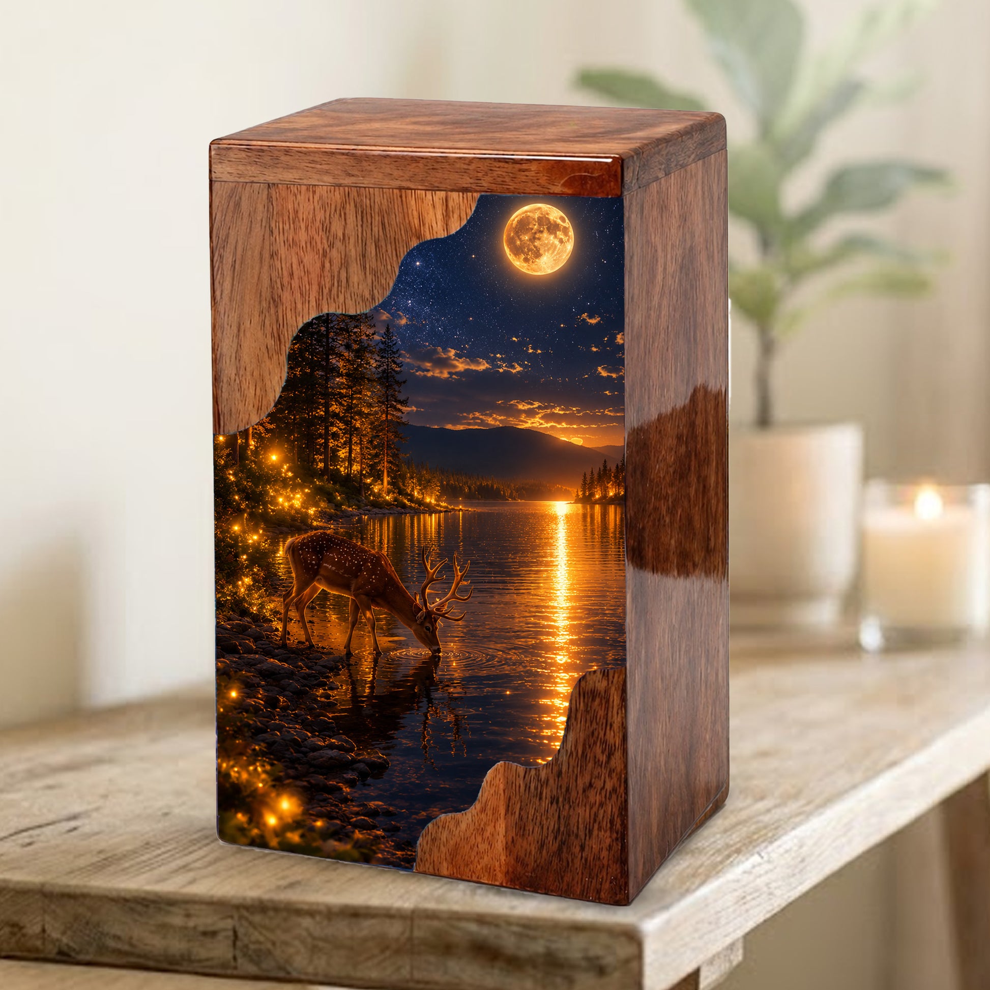 Moonlit Deer Wooden Cremation Urn – Personalized Memorial Urn for Human Ashes