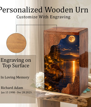 Moonlit Deer Wooden Cremation Urn – Personalized Memorial Urn for Human Ashes