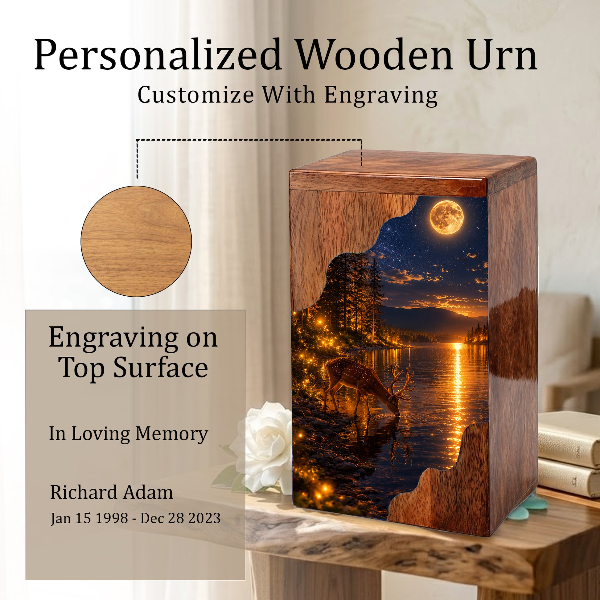 Moonlit Deer Wooden Cremation Urn – Personalized Memorial Urn for Human Ashes