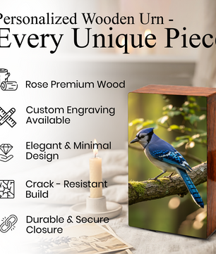Steller Jay Wooden Urn for Ashes - Blue Bird Cremation Urn Box