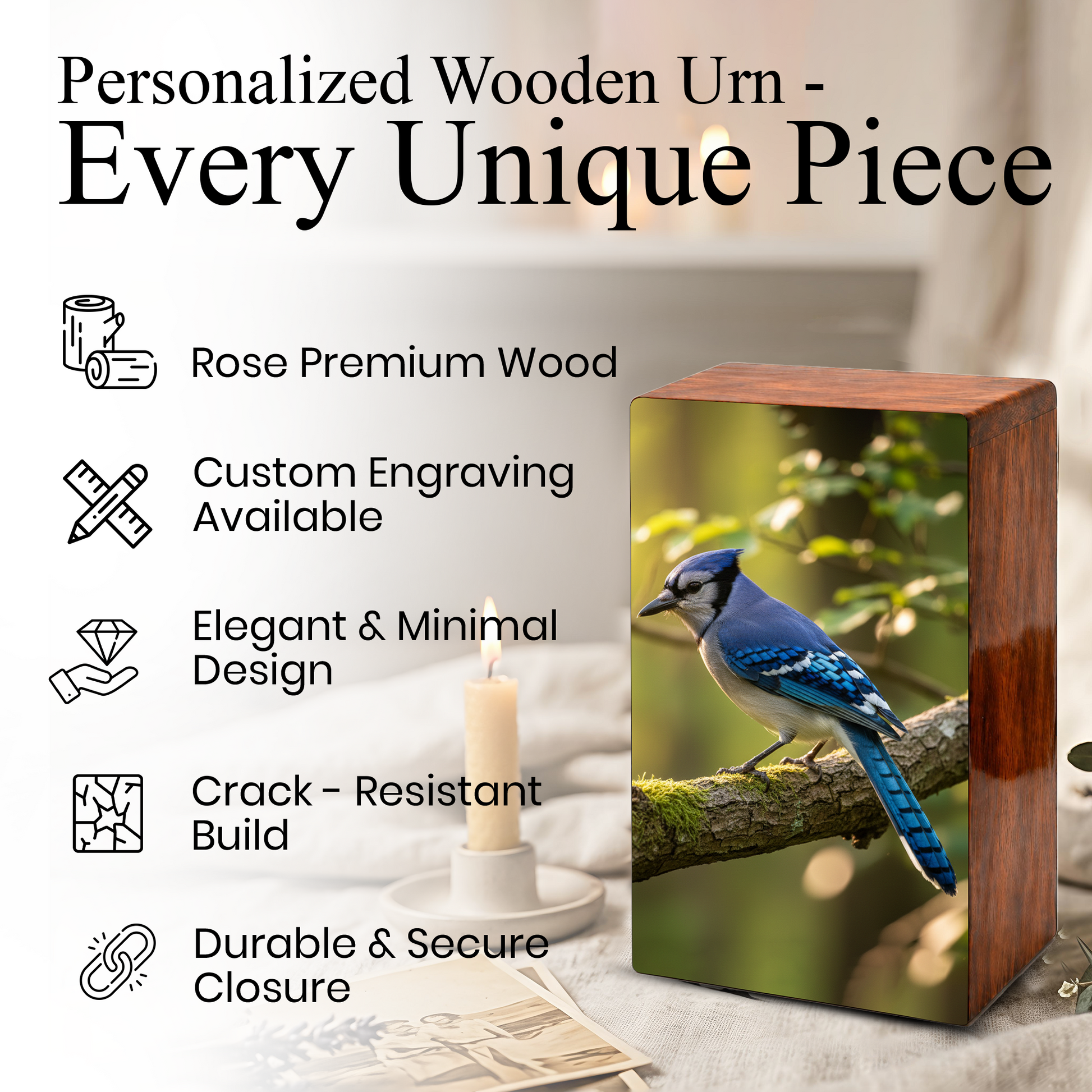 Steller Jay Wooden Urn for Ashes - Blue Bird Cremation Urn Box