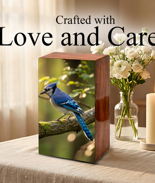 Steller Jay Wooden Urn for Ashes - Blue Bird Cremation Urn Box