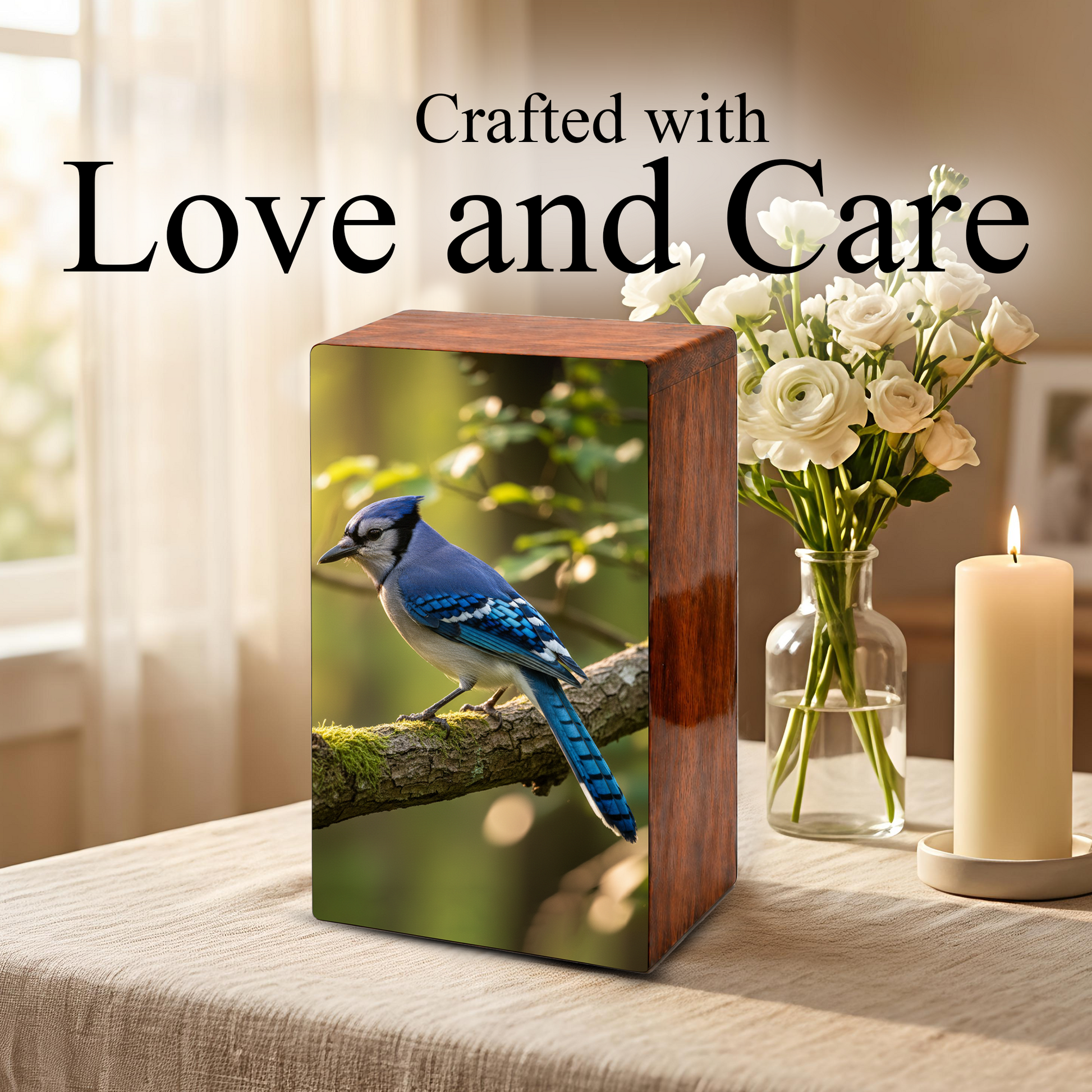 Steller Jay Wooden Urn for Ashes - Blue Bird Cremation Urn Box