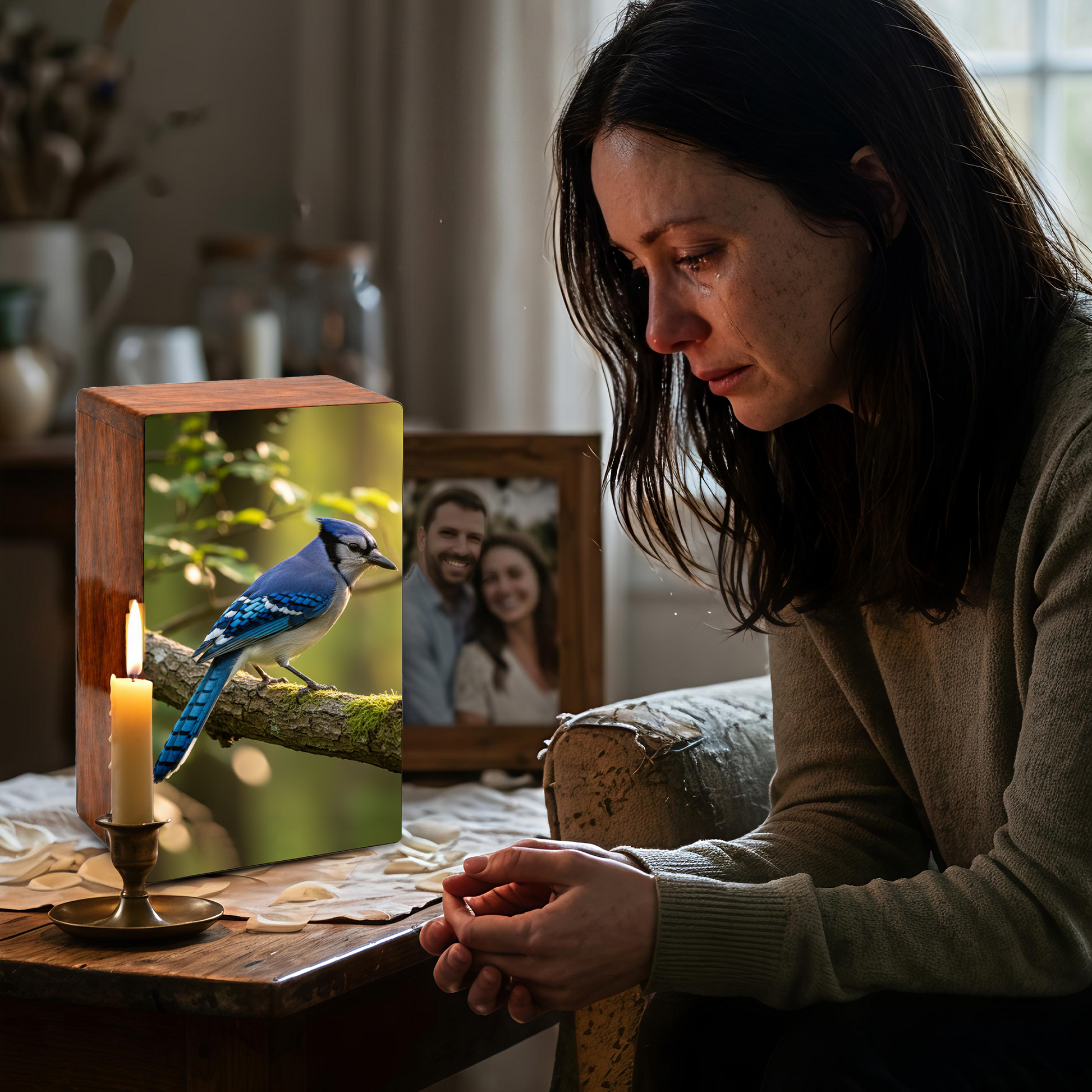 Steller Jay Wooden Urn for Ashes - Blue Bird Cremation Urn Box