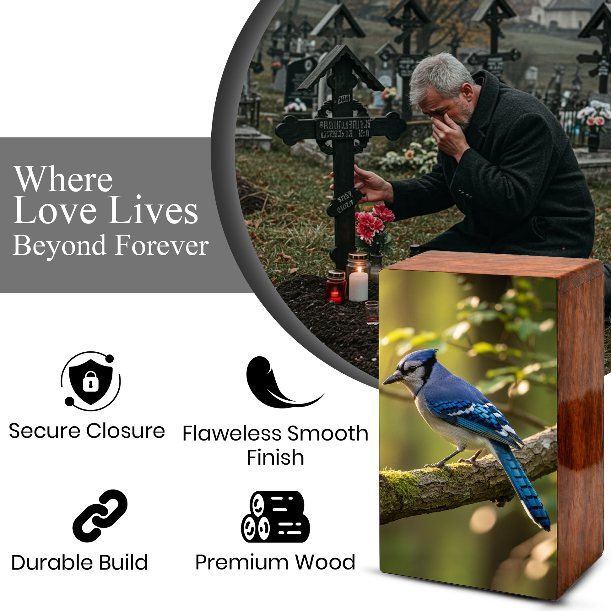 Steller Jay Wooden Urn for Ashes - Blue Bird Cremation Urn Box