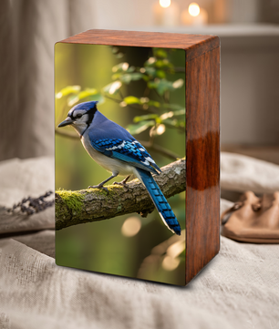 Steller Jay Wooden Urn for Ashes - Blue Bird Cremation Urn Box