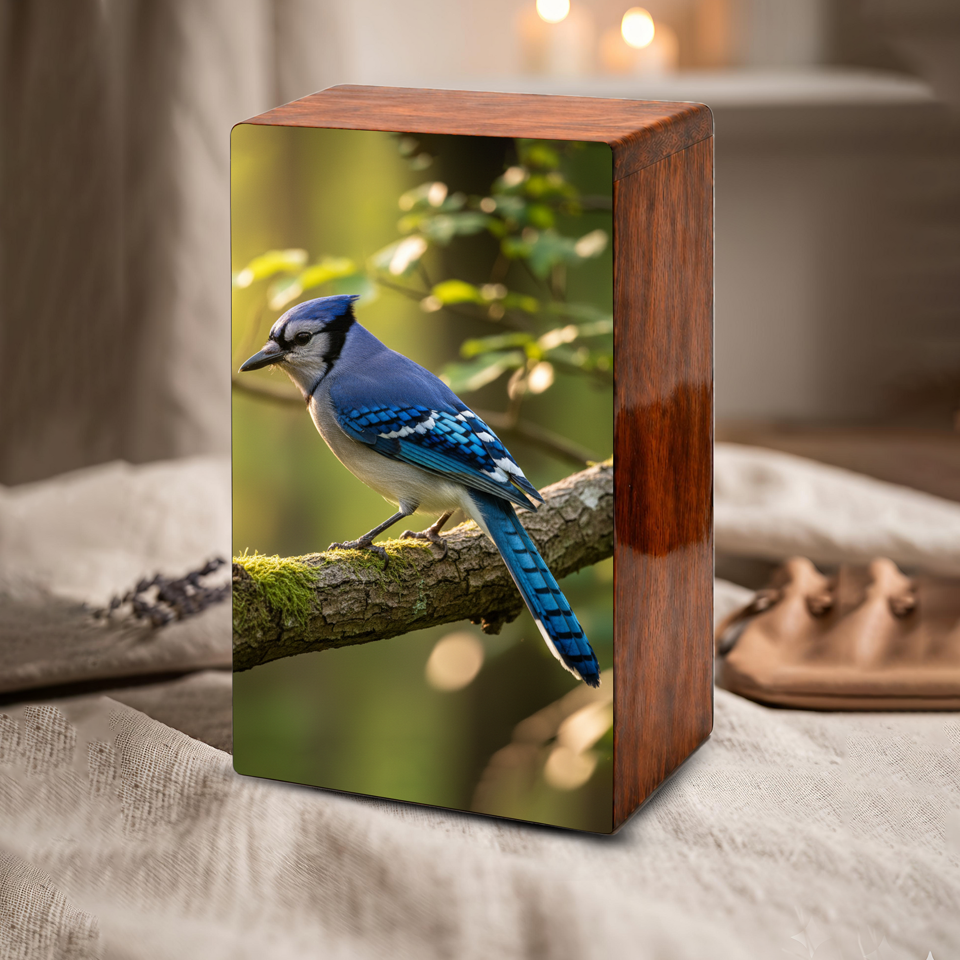 Steller Jay Wooden Urn for Ashes - Blue Bird Cremation Urn Box