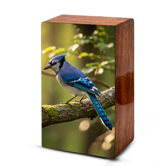 Steller Jay Wooden Urn for Ashes - Blue Bird Cremation Urn Box