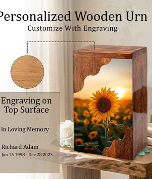 Wooden Cremation Urn – Sunflower Memorial Urn | Custom Wooden Urn for Human Ashes