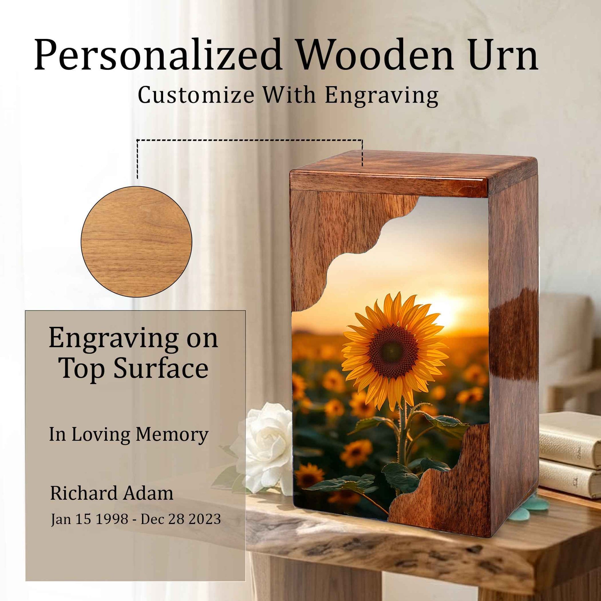 Wooden Cremation Urn – Sunflower Memorial Urn | Custom Wooden Urn for Human Ashes
